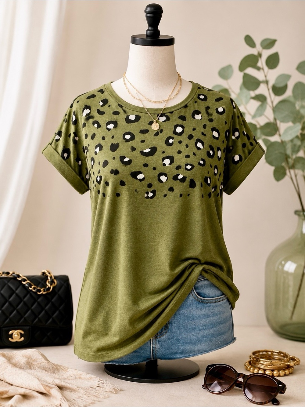 Cleo Olive Green Animal Print Tee | Cuffed Sleeve Casual Chic Top | Bundle & 💲